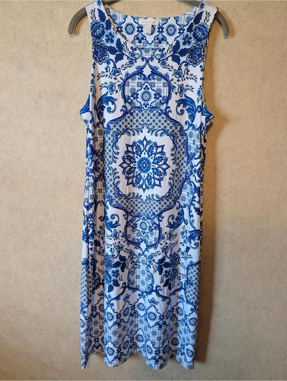 CHARTER CLUB blue white Grecian printed jersey swing dress sz L